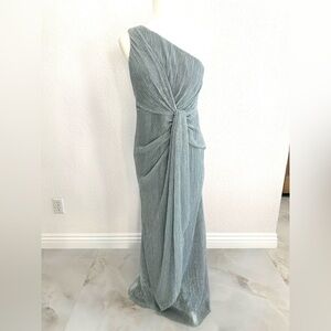Adrianna Papell One-Shoulder Formal Floor Length Gown in Silver/ Light Blue Hue